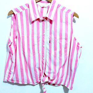 Levi's Pink and White Striped Front-Tie Cropped Tank Top Size Large